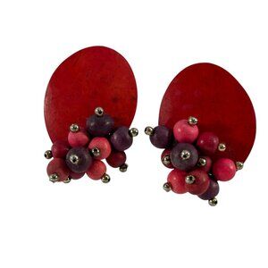 VTG Hand Crafted Red Purple Beaded Cluster Earrings Wood Statement Boho Retro